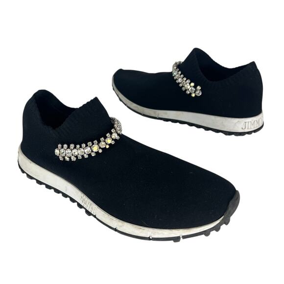 Jimmy Choo Verona Crystal-Embellished Metallic-Knit Sneaker in Black - Picture 1 of 13